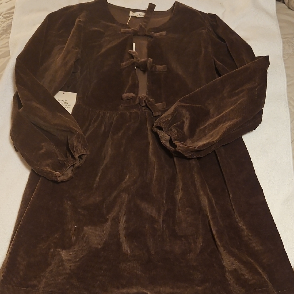 Aeron & Amber Brown Velvet Mini Dress Bow Tie Front Cottagecore Boho S - Picture 5 of 9